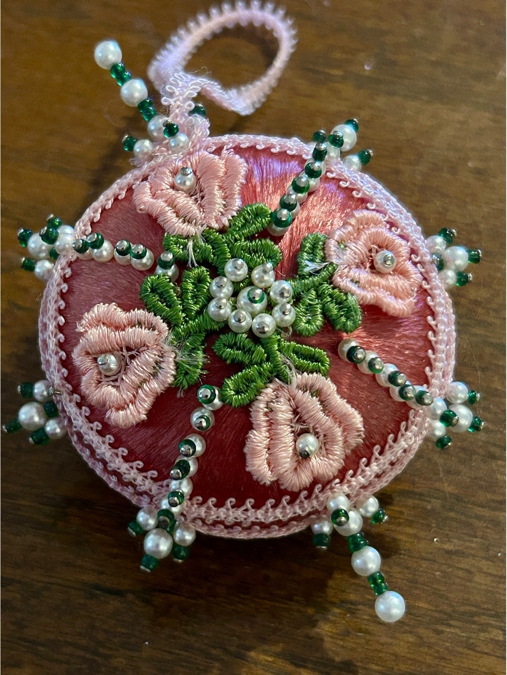 Handcrafted Pink and Green Embroidered Velvet Ornament with Beaded Accents